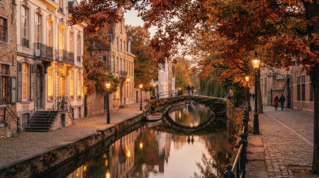Scenic canal view in Bruges during autumn with historic brick architecture and glowing streetlights