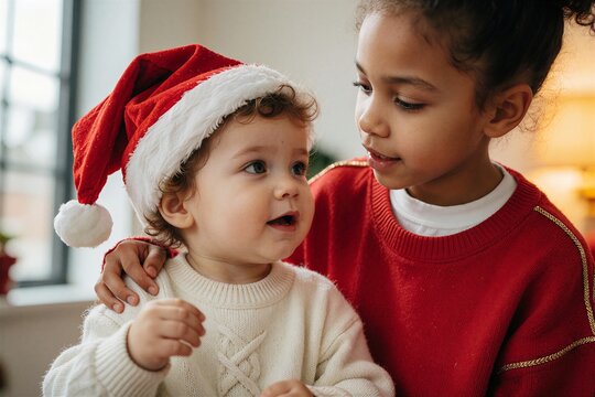 Close-up portrait of a toddler in a Santa hat and a pre-teen sister sharing a warm moment indoors.