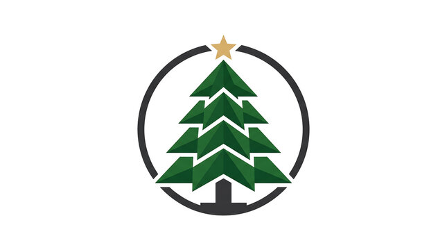 Stylized Christmas tree icon with a star inside a circular frame, symbolizing holidays and winter.