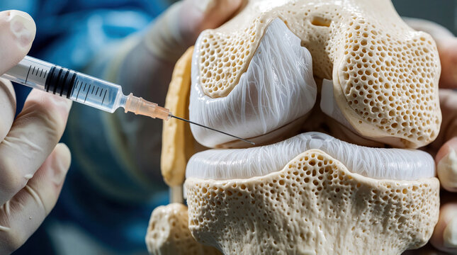 Doctor uses syringe with needle for knee injection on medical bone model. Pro clinician performs joint therapy to treat arthritis inflammation. Close up of orthopedic procedure showing medicine