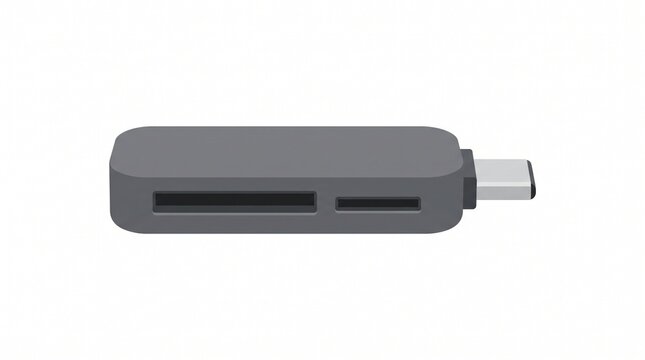 A modern gray USB-C card reader isolated on white background, featuring multiple memory card slots for fast digital data transfer and portable computer connectivity