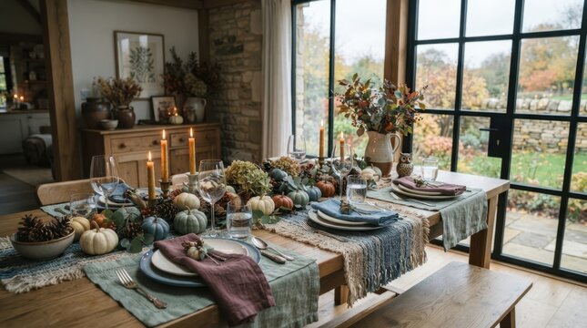 Rustic autumn dining table set for a festive seasonal gathering in a cozy farmhouse interior