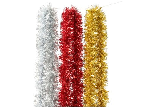 Festive silver red gold tinsel garlands hanging on transparent background