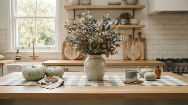 Rustic kitchen island centerpiece with dried flowers and pumpkins for a cozy autumn home decor