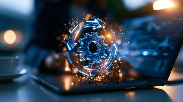 Holographic gear and arrow loop icon glowing above laptop, continuous improvement and automation cycle concept, clean futuristic desk, with copy space