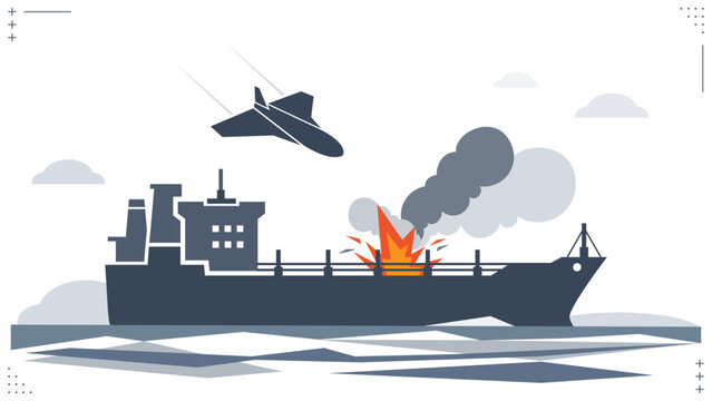 Drone Attack on Oil Tanker at Sea, Maritime Security and Military Conflict Flat Vector Illustration