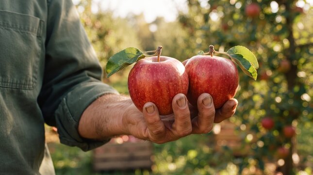 Fresh red apples hanging on a tree branch outdoors