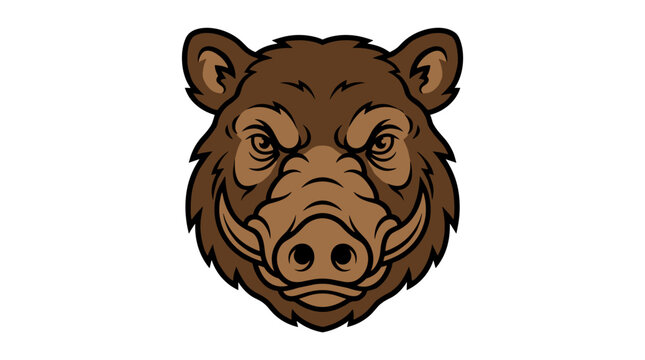 Powerful wild boar head mascot vector illustration featuring sharp tusks and intense expression. Symmetrical brown hog face design isolated on white background for sports logo and branding.