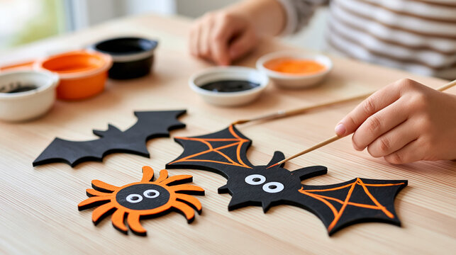 Flat lay of a Halloween craft kit with wooden bat and friendly spider cutouts, open watercolor paint pots and thin brush on pale wooden table, partially painted shapes in matte bla