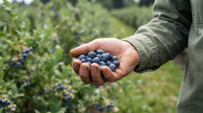 Hand holding freshly picked blueberries in green foliage
