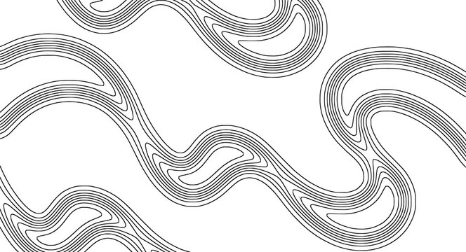 Concentric black contour lines flowing into organic S curves on transparent background, topographic map for minimal posters or web banners design.