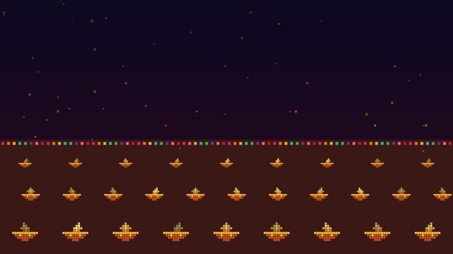 Rows of pixel art diya oil lamps with flickering flames and warm glow on a dark night, retro game style Diwali scene