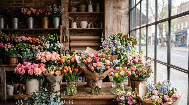 Charming flower shop interior filled with beautiful bouquets and fresh blooms for Valentine's Day