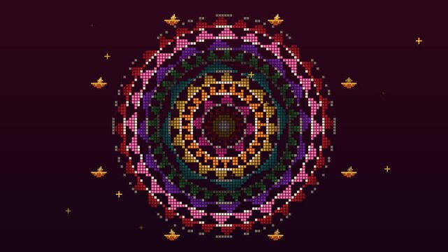 Pixel art rangoli mandala slowly rotating with shifting magenta, saffron and turquoise colors, retro 8 bit Diwali background loop