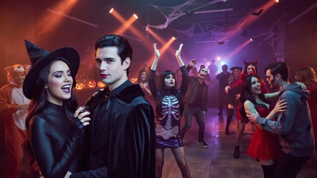 Halloween party celebration photo. Young adults in vampire and witch costumes dancing at a festive nightclub event with colorful lights and decorations