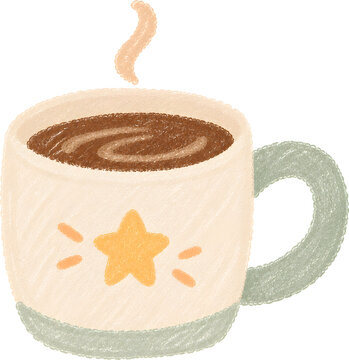 crayon-style illustration of coffee mug with tiny star