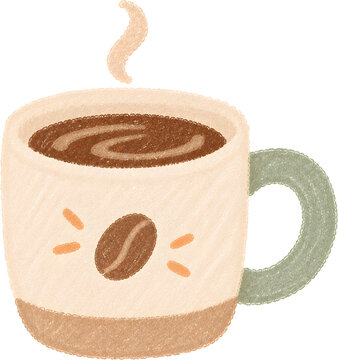 crayon-style illustration of mug with tiny coffee bean