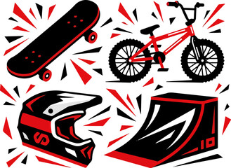 Obraz premium Extreme sports equipment icons with skateboard BMX helmet and ramp