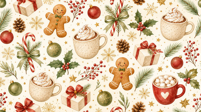 Watercolor Christmas Seamless Pattern with Gingerbread and