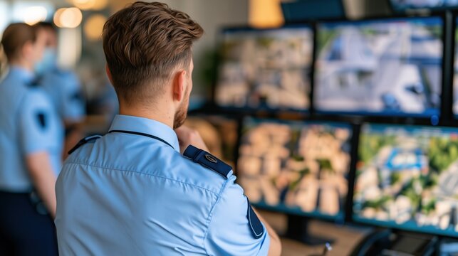 Security guard monitors multiple surveillance camera feeds on screens in a control room