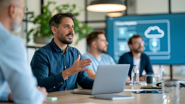 Group of IT engineers in meeting room discussing cloud migration plan on projector screen, modern office, with copy space
