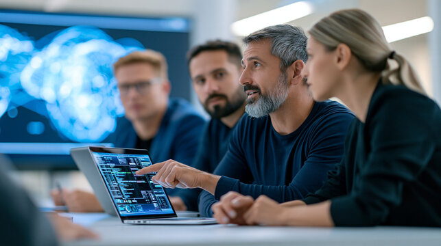 Group of IT engineers in meeting room discussing cloud migration plan on projector screen, modern office, with copy space