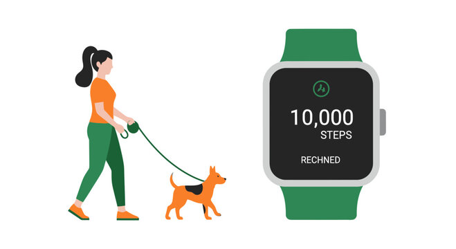 Woman Walking Dog with Smartwatch Displaying 10,000 Steps Goal Reached Vector Illustration