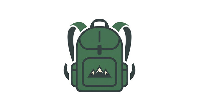 Green Hiking Backpack Icon with Mountain Symbol for Outdoor Adventure and Travel.
