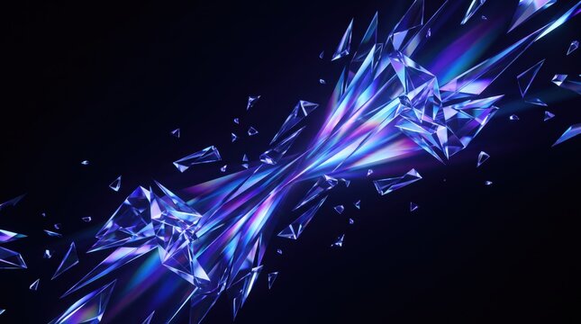 Abstract blue and purple crystal shards shattering explosion with bright light rays, dynamic fragmentation effect on dark background, representing breaking barriers, disruptive