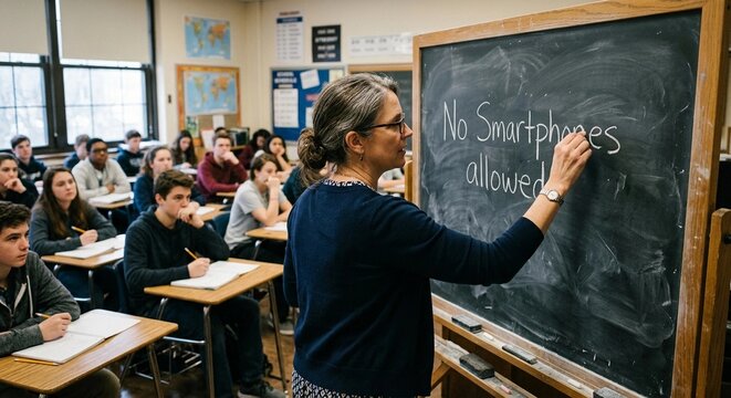 Teacher writing no smartphones allowed on a chalkboard in a high school classroom setting
