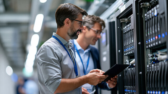 IT engineers reviewing backup power systems and UPS units in data center utility room, industrial setting, with copy space
