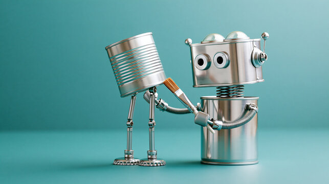 Handmade retro service robot assembled from tin cans and bottle caps holding a tiny paintbrush, tabletop still life on saturated teal backdrop, dome shaped eyes above a rectangular