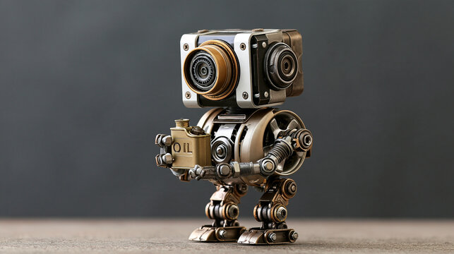 Handmade retro mechanic robot assembled from car parts and bolts holding a miniature oil can, tabletop still life on saturated charcoal backdrop, asymmetrical boxy construction wit