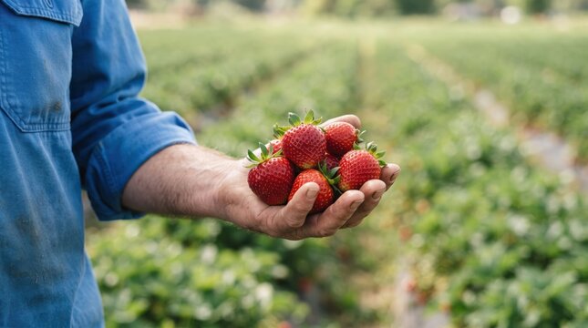 Person holding fresh red strawberries in a green field