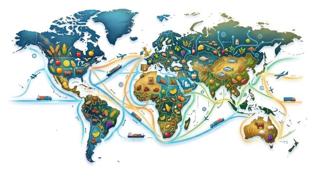 World Map Illustration of Global Food and Agriculture Trade