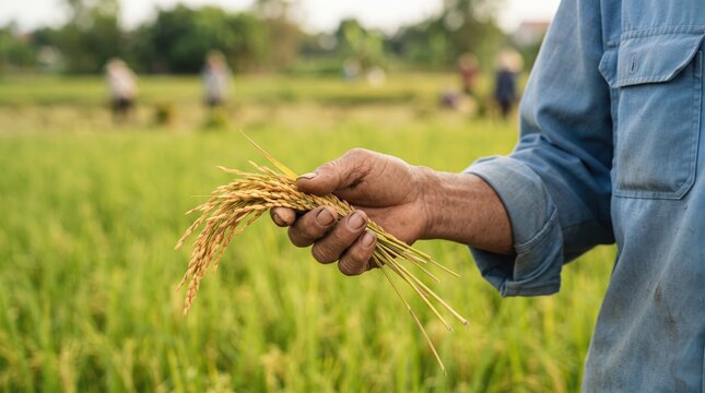 Person holding rice grains over green field