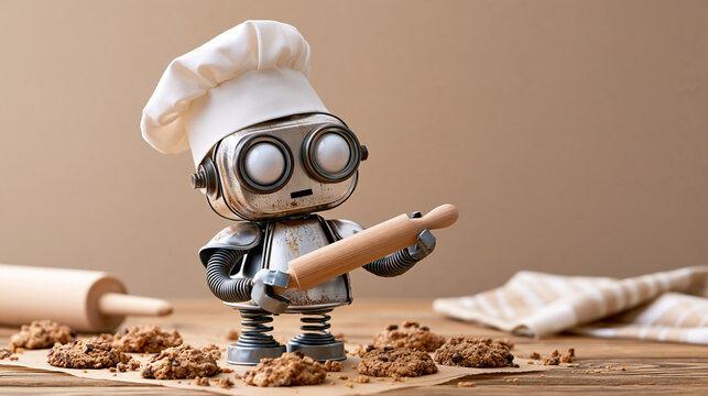 Handmade retro baker robot assembled from tin scraps and metal springs holding a miniature rolling pin, tabletop still life on saturated cream backdrop, bulb eyes above rounded hea