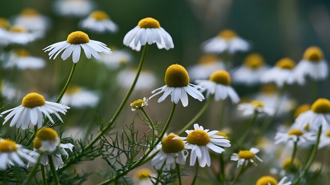 White and yellow chamomile flowers bloom in a soft focus field with green stems and delicate petals catching natural light