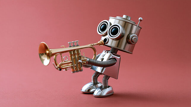 Handmade retro musician robot assembled from tin scraps and guitar strings holding a miniature trumpet, tabletop still life on saturated maroon backdrop, round eyes above cylindric