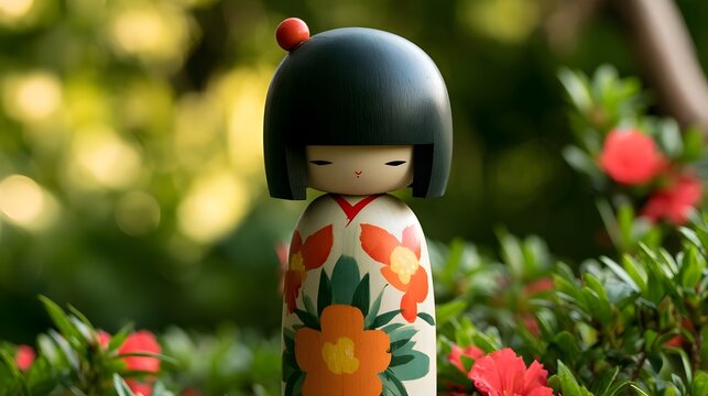 A traditional Japanese kokeshi doll stands amidst vibrant greenery and blooming red flowers in a sunlit garden setting