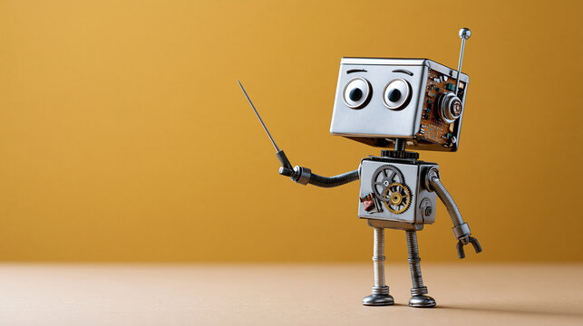 Handmade retro teacher robot assembled from scrap metal and gears holding a tiny pointer stick, tabletop still life on saturated mustard backdrop, boxy head with exposed circuitry,