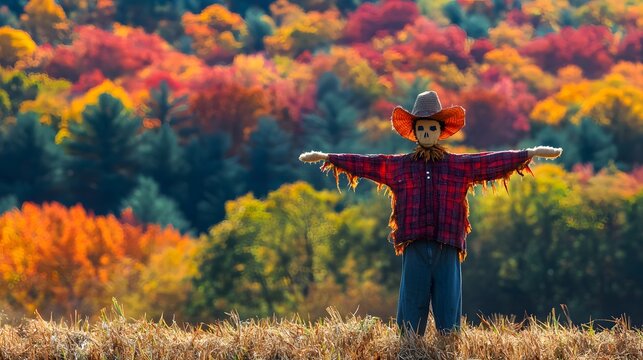 A scarecrow standing in a pumpkin patch surrounded by leaves