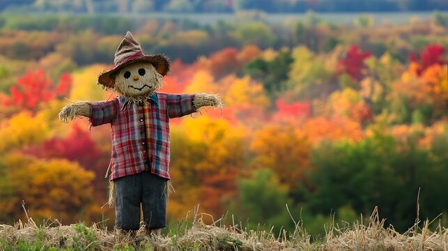 A scarecrow standing in a pumpkin patch surrounded by leaves