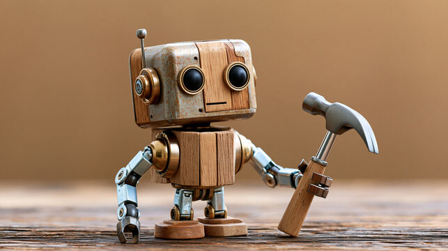Handmade retro carpenter robot assembled from wood scraps and metal joints holding a tiny hammer, tabletop still life on saturated brown backdrop, asymmetrical boxy construction, w