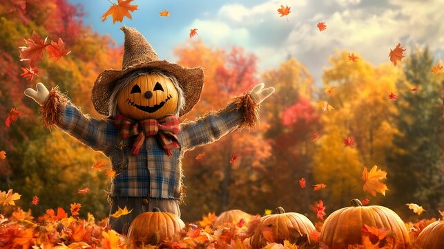 A scarecrow standing in a pumpkin patch surrounded by leaves