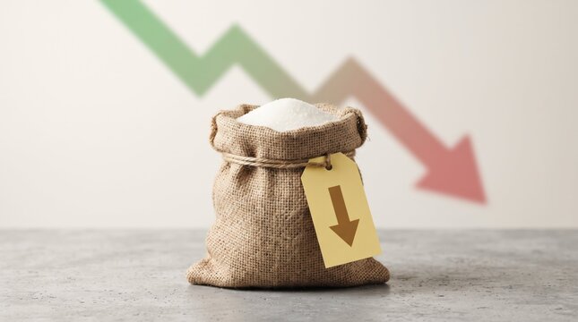 Sugar bag with downward price arrow against stock market graph