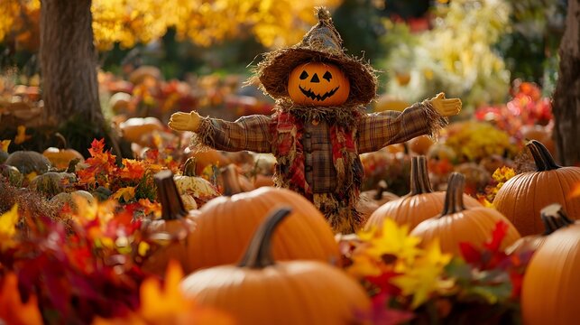A scarecrow standing in a pumpkin patch surrounded by leaves