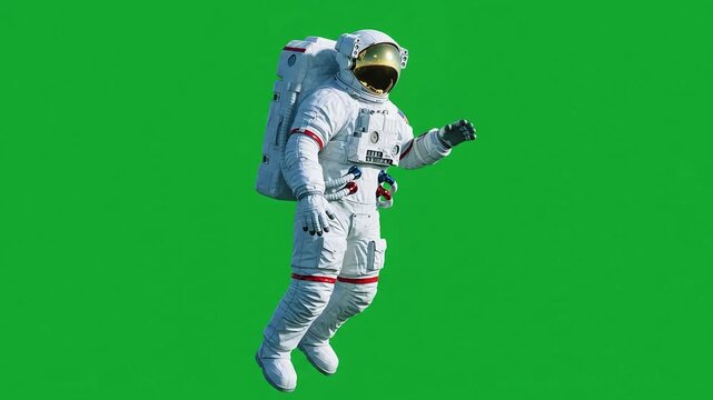 Astronaut in a White EMU Spacesuit Gently Floating in Zero Gravity Against a Clean Green Screen