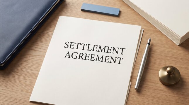 Settlement agreement document on wooden desk with pen and laptop