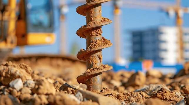 Close-up of Rusty Auger Drill Bit Boring into Dry Soil at Construction Site with Heavy Machinery Background